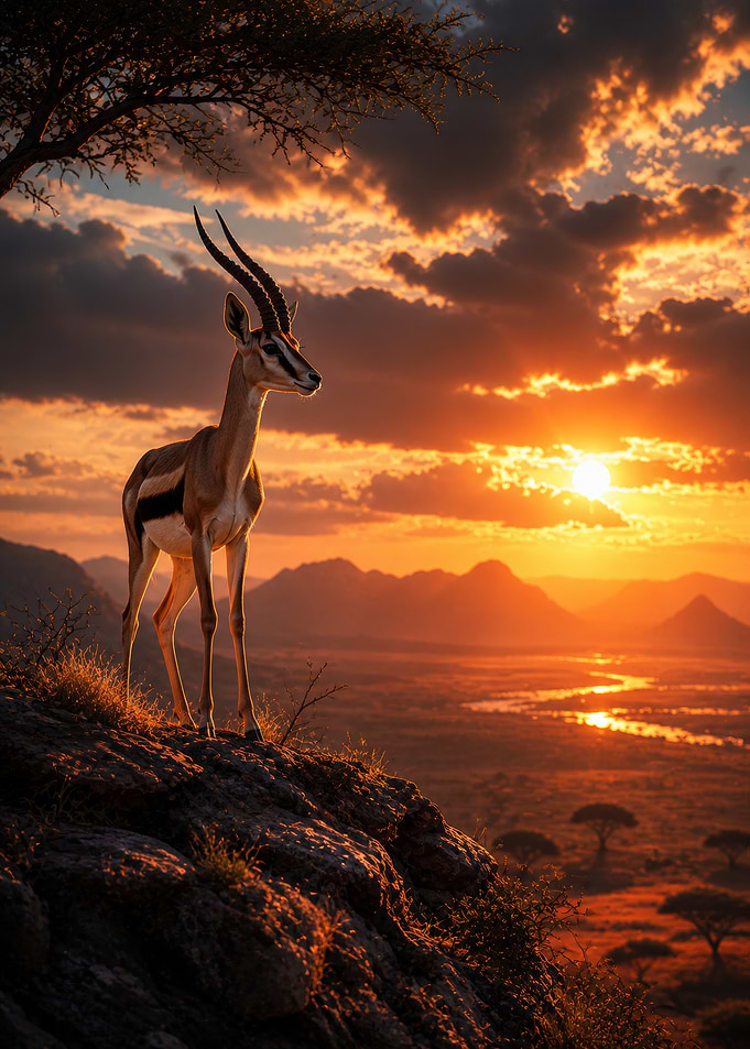 Gazelle on a cliff at sunset