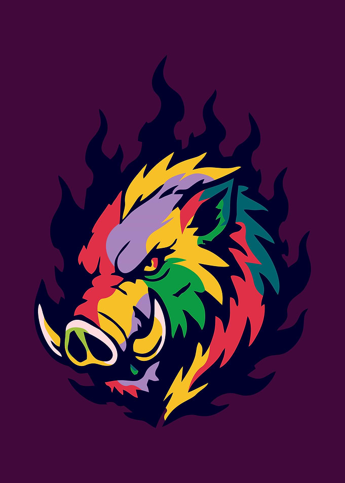 Colorful Wild Boar Head with Flames