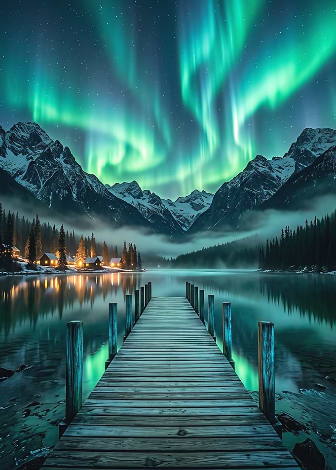 Aurora Borealis Over Lake