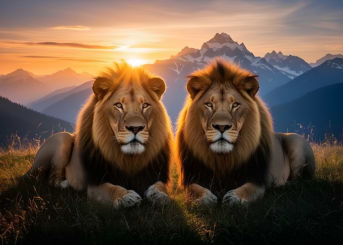 Two Lions in Mountain Sunset