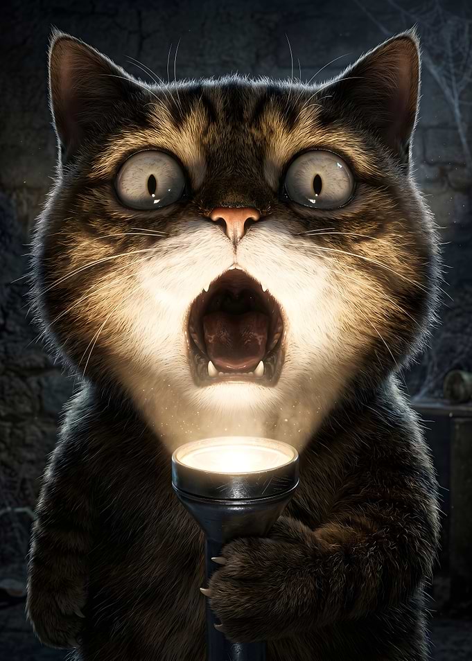 Scared Cat with Flashlight