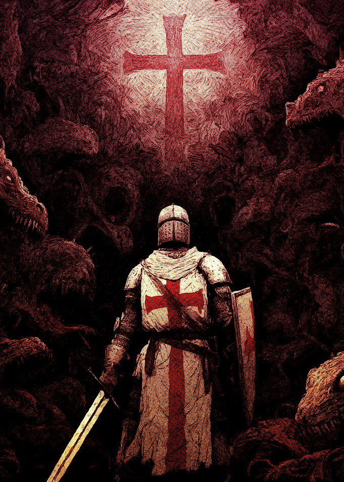 Knight Facing Dragons Under a Cross