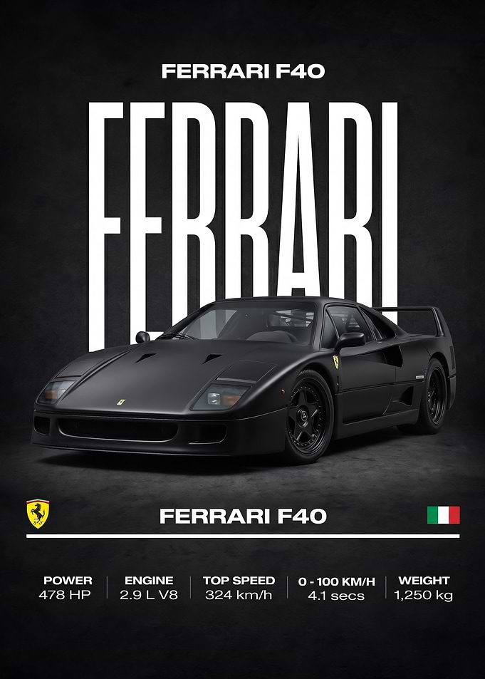 matte black Ferrari F40 car poster