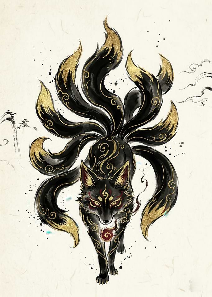 Nine-Tailed Fox with Gold Accents
