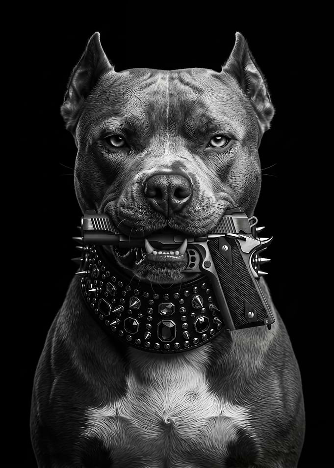 Pitbull with Gun and Spiked Collar