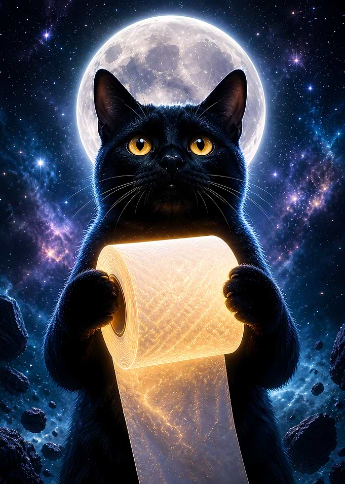 Black Cat Holding Toilet Paper in Space