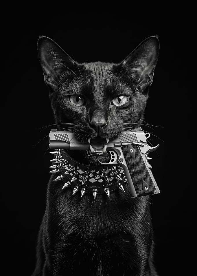 Black Cat with Gun and Spiked Collar