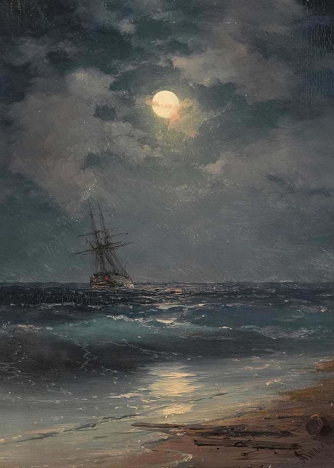 Ship sailing under a full moon