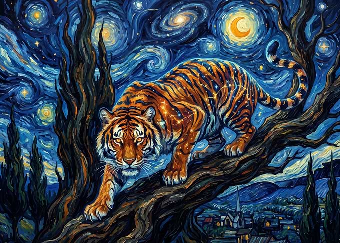 Tiger in Starry Night Sky