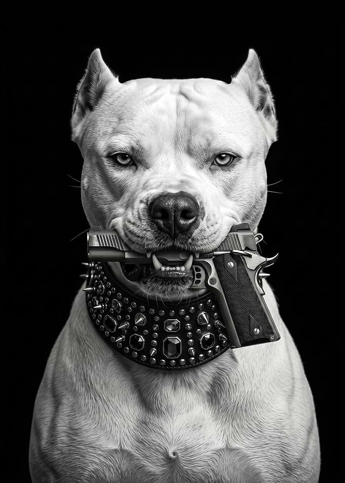 white Pitbull with Gun and Spiked Collar