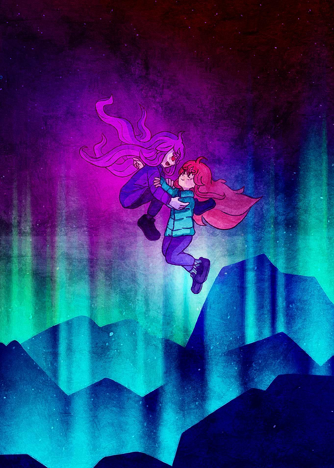 Two girls embracing under aurora borealis