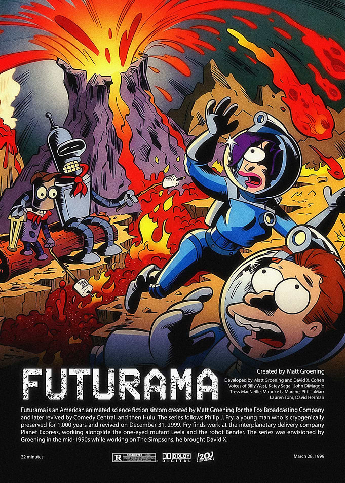Futurama characters near a volcano