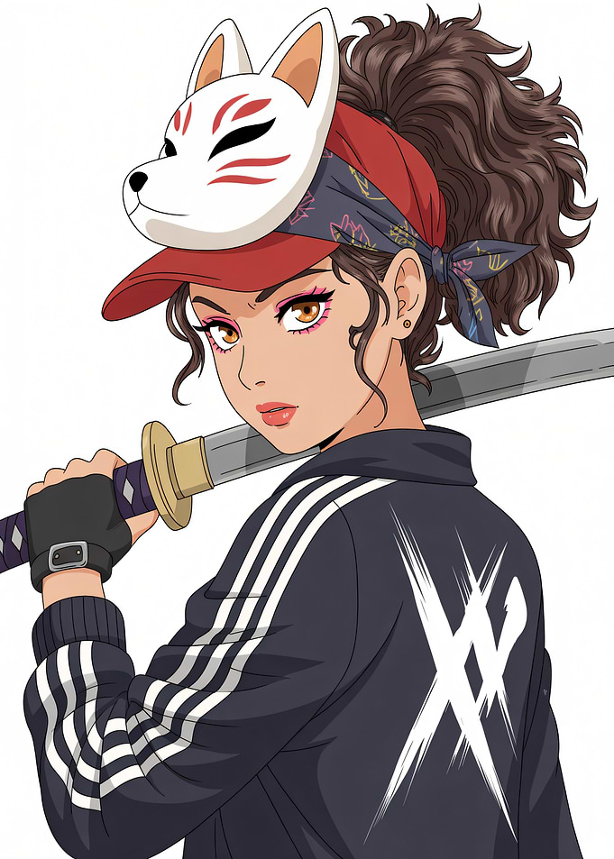 Anime girl with fox mask and katana