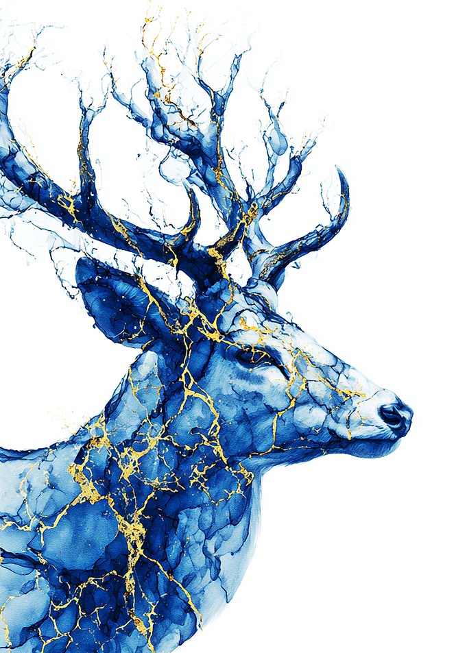 Golden Spirit Deer – Blue & Gold Abstract Wildlife Elegance
