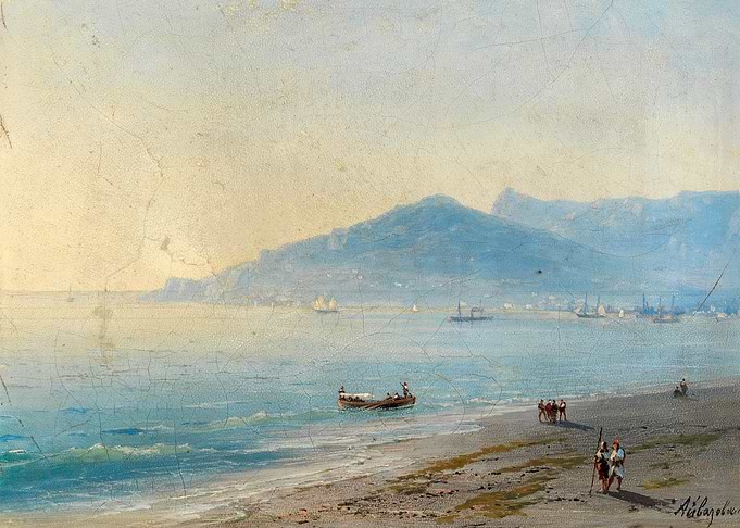 Coastal Scene with Mountains and Boats