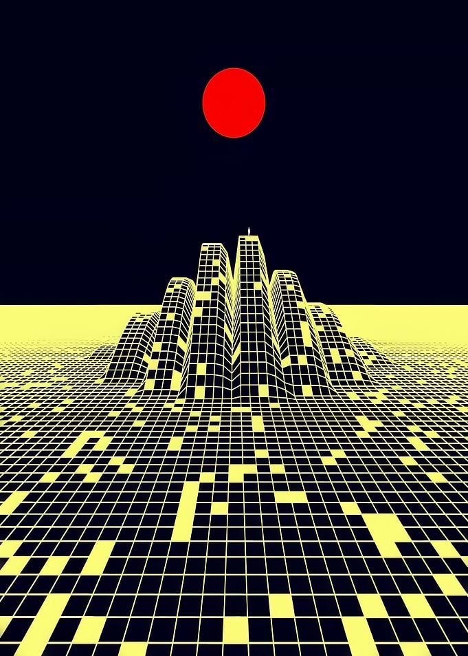 Retro Futuristic Cityscape with Red Sun