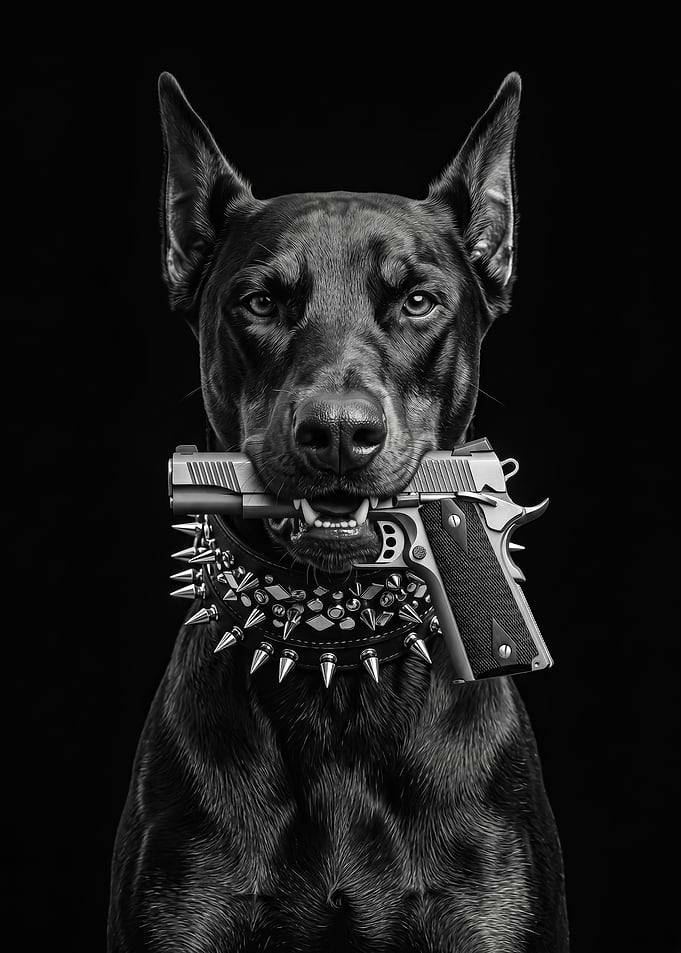 black Dog with Gun and Spiked Collar