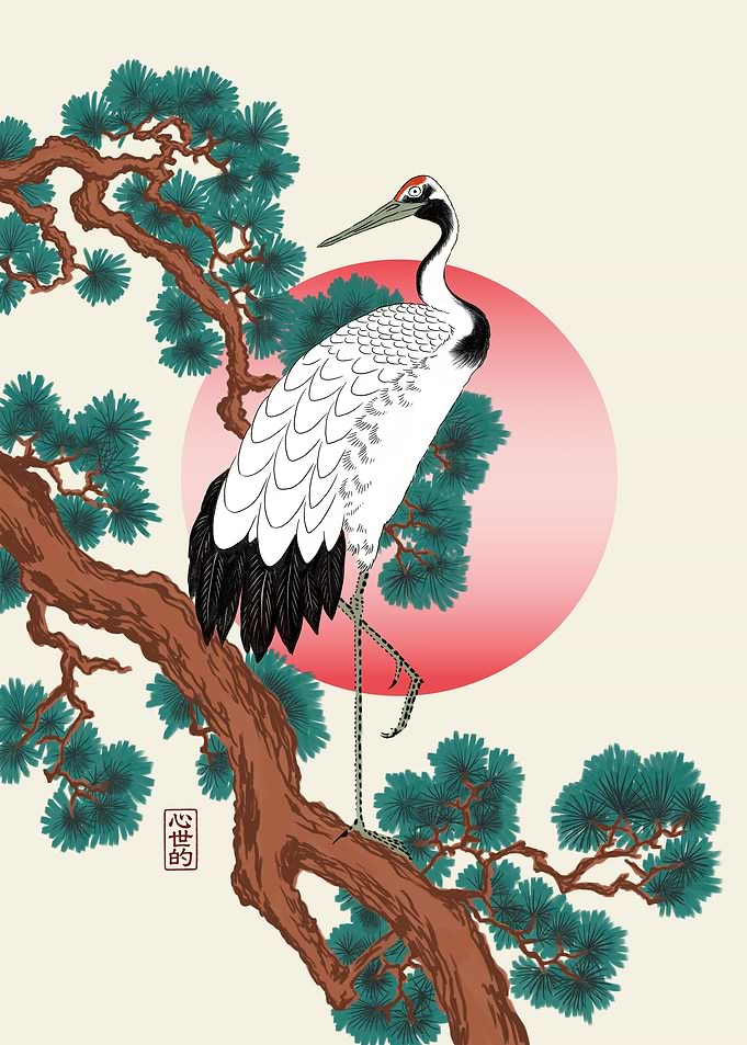 Crane on Pine Branch with Sun