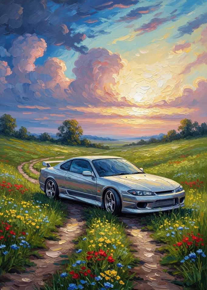 Silver Sports Car in a Field
