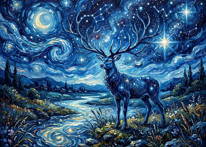 Starlit Stag in a Van Gogh-esque Landscape