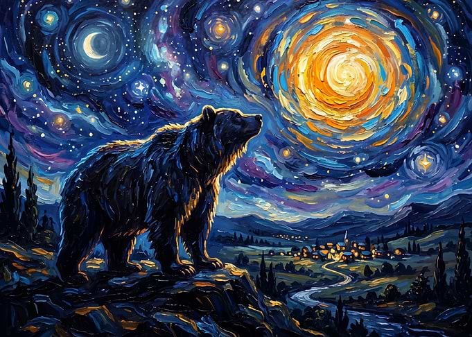 Bear Under Starry Night Sky
