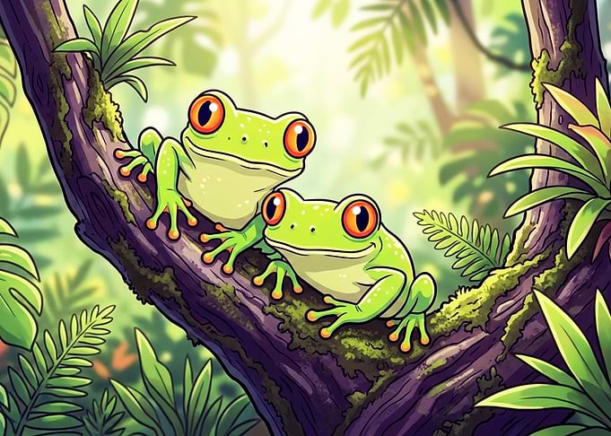 Two Cute Frogs on a Branch