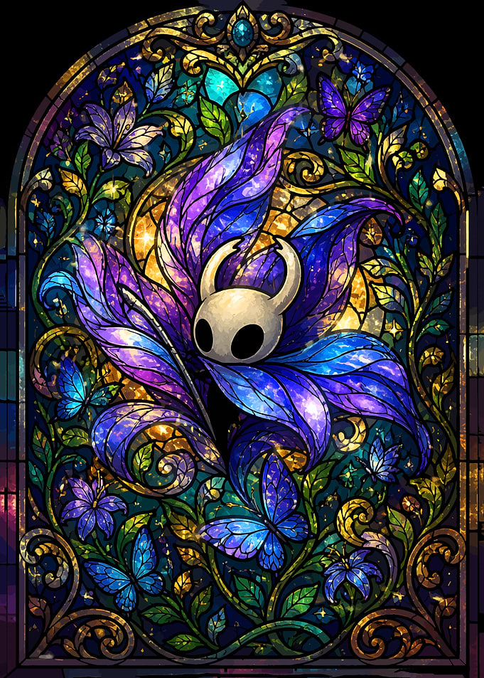 Stained Glass Knight with Flowers and Butterflies