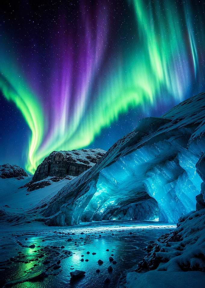 Rare Aurora Borealis over Crystal Glaciers
