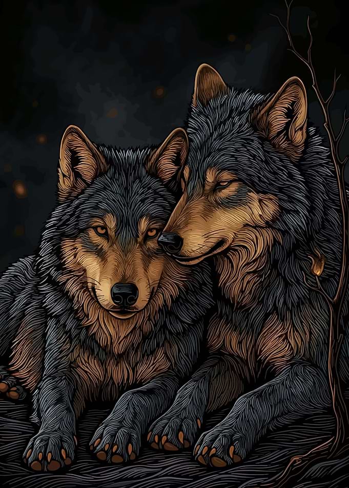 Two Wolves in Dark Forest