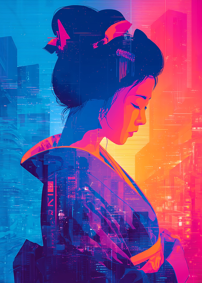 Geisha in a Futuristic Neon City