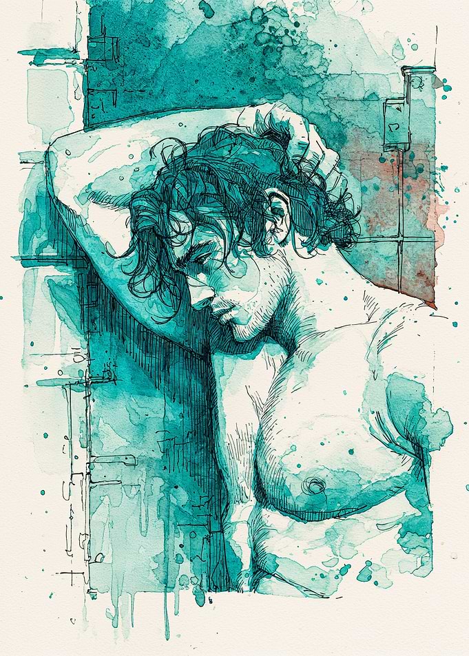 Teal Watercolor Male Ink Drawing