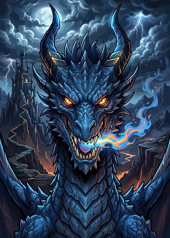 Blue Dragon Breathing Fire