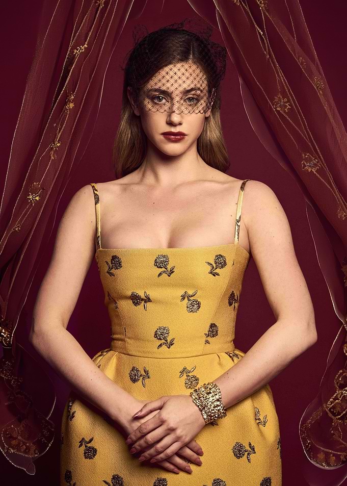 Lili Reinhart in yellow floral dress and veil