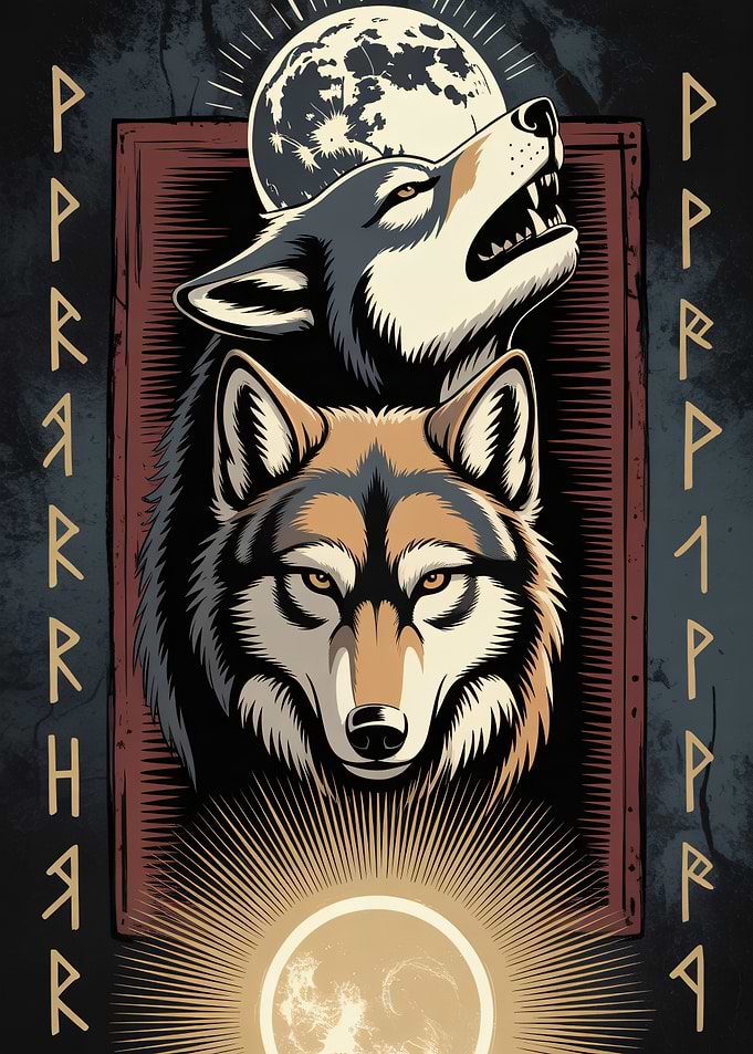 Two Wolves Howling at the Moon