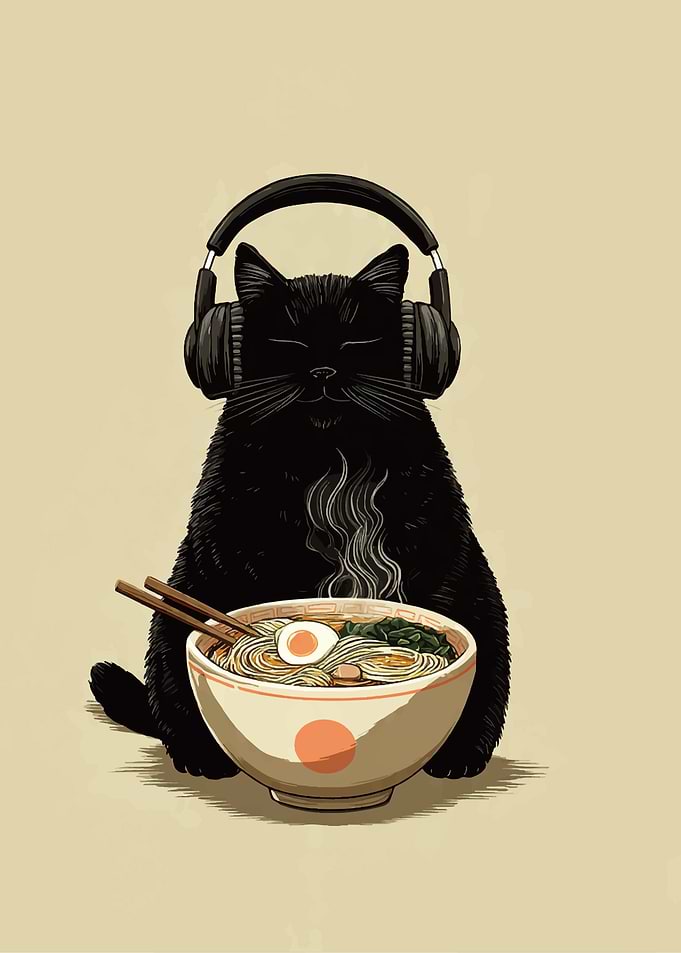 Black Cat Enjoying Ramen with Headphones