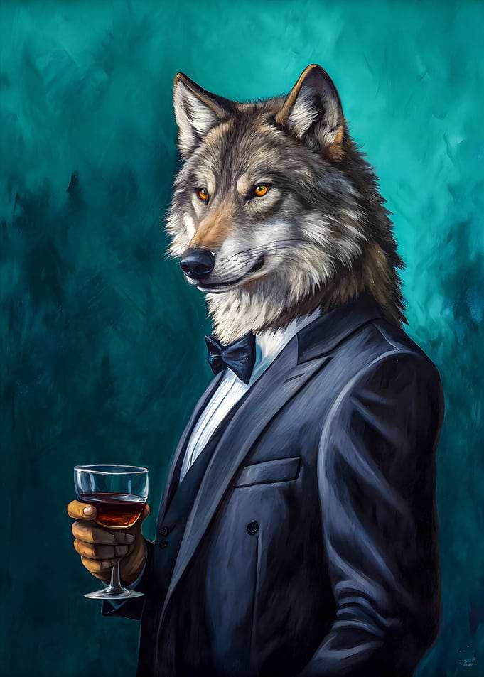 Sophisticated Howl: Wolf in a Tuxedo with a Glass of Wine