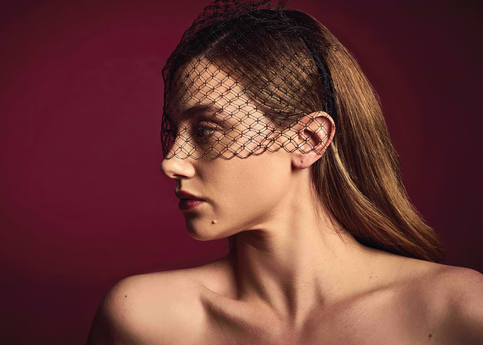 Lili Reinhart with Veil and Red Background