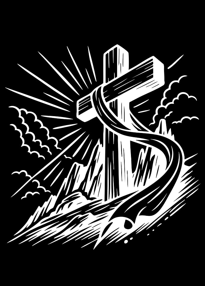 Christian Cross with Rays and Clouds