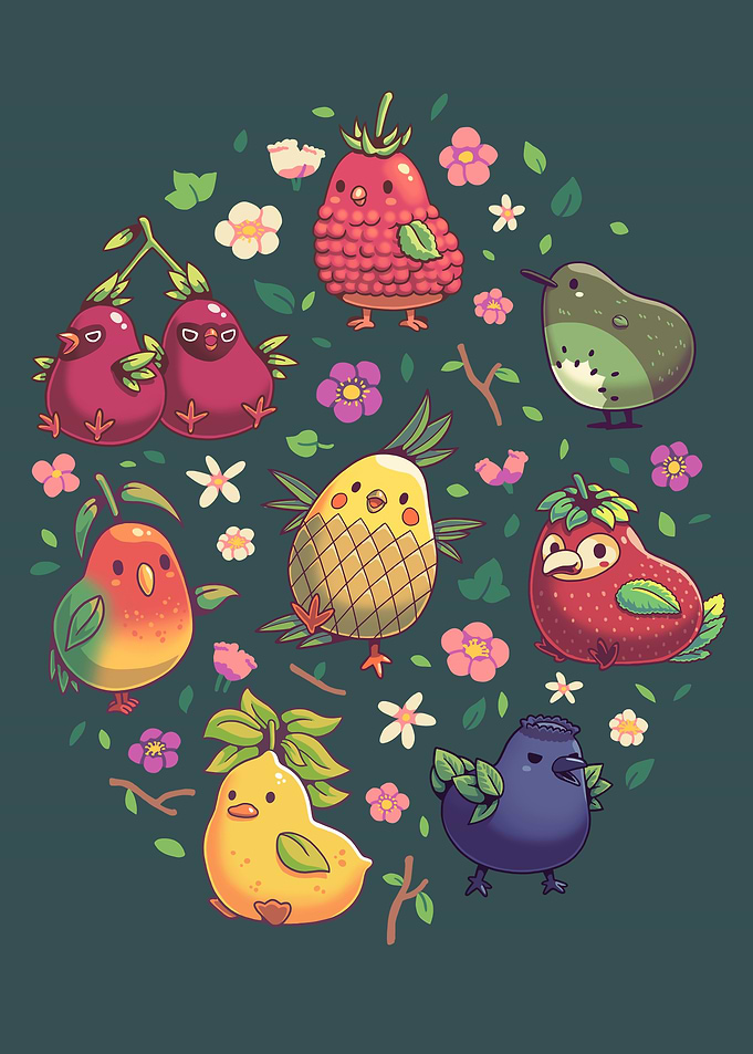 Cute Fruit Birds and Flowers