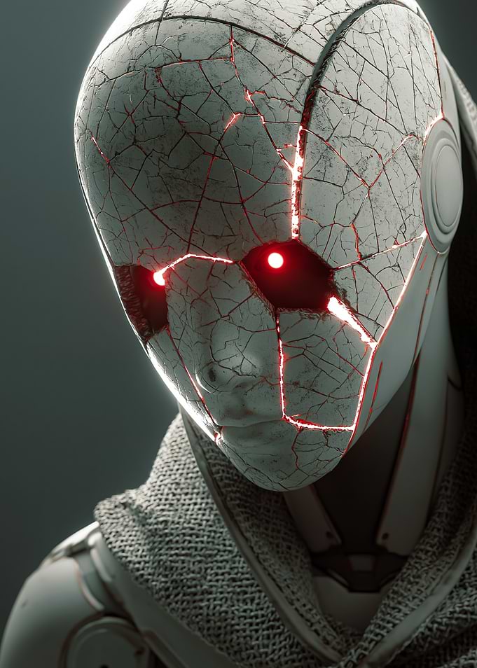 Cracked Robot with Glowing Red Eyes