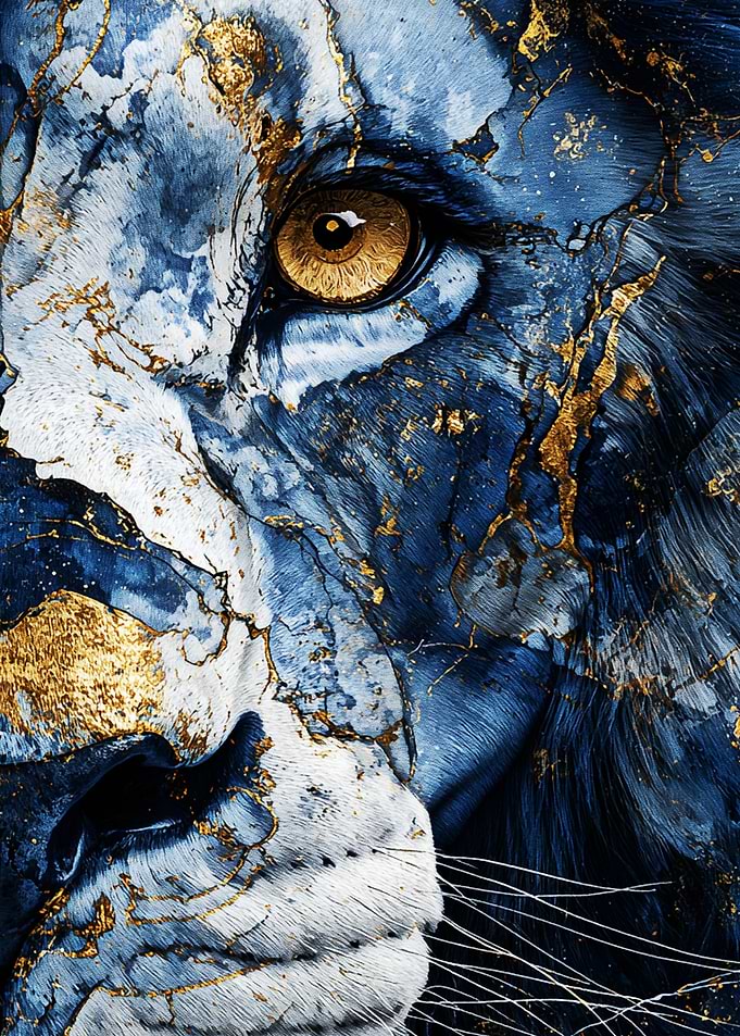 Golden Eye Lion – Ultra Detail Blue & Gold Abstract Portrait