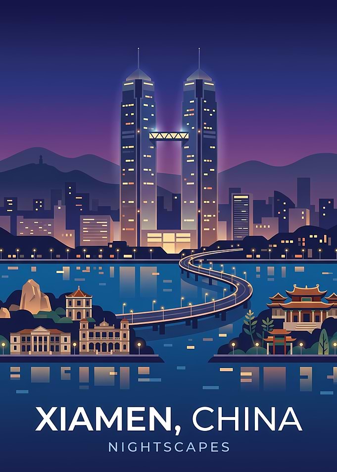 Xiamen, China Nightscape Illustration