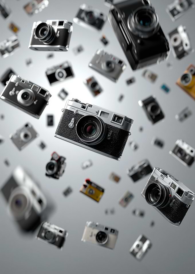 Collage of Vintage Cameras Falling