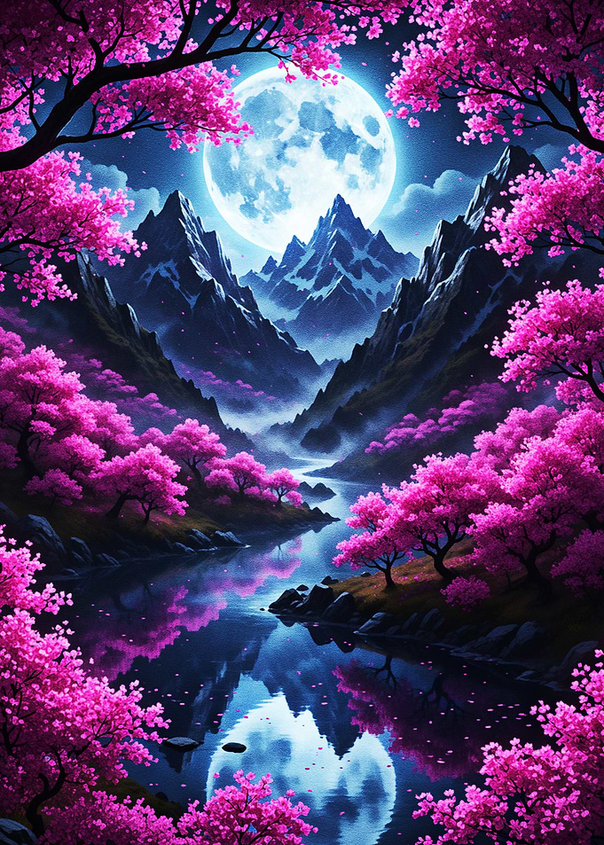 Moonlit Sakura Valley – Fantasy Cherry Blossom Mountains Wall Art