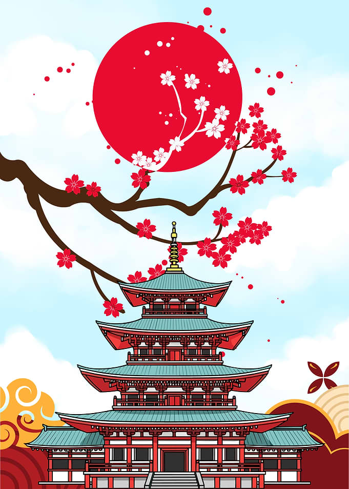 Japanese Pagoda with Cherry Blossoms