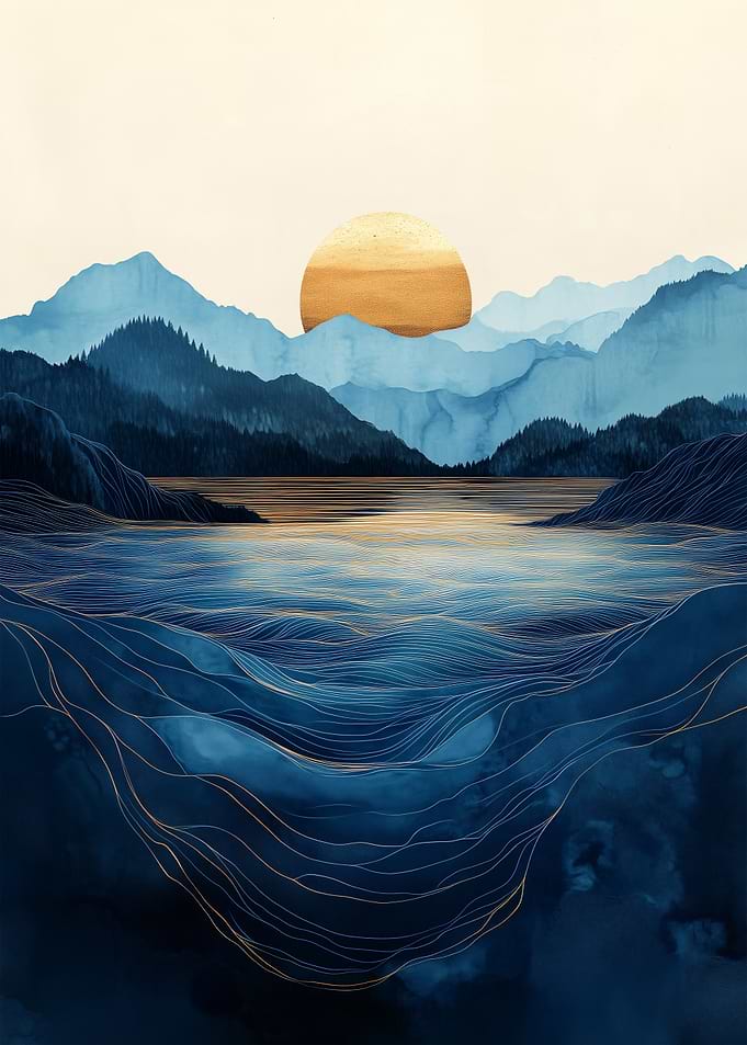 Golden Horizon Zenith - Abstract Blue Lake Mountain Landscape