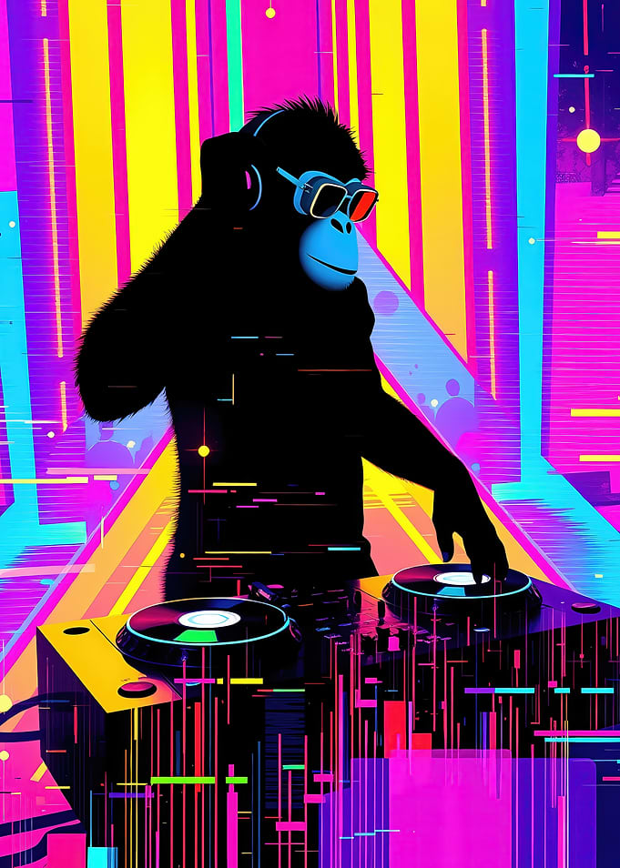 DJ Monkey Silhouette in Neon City