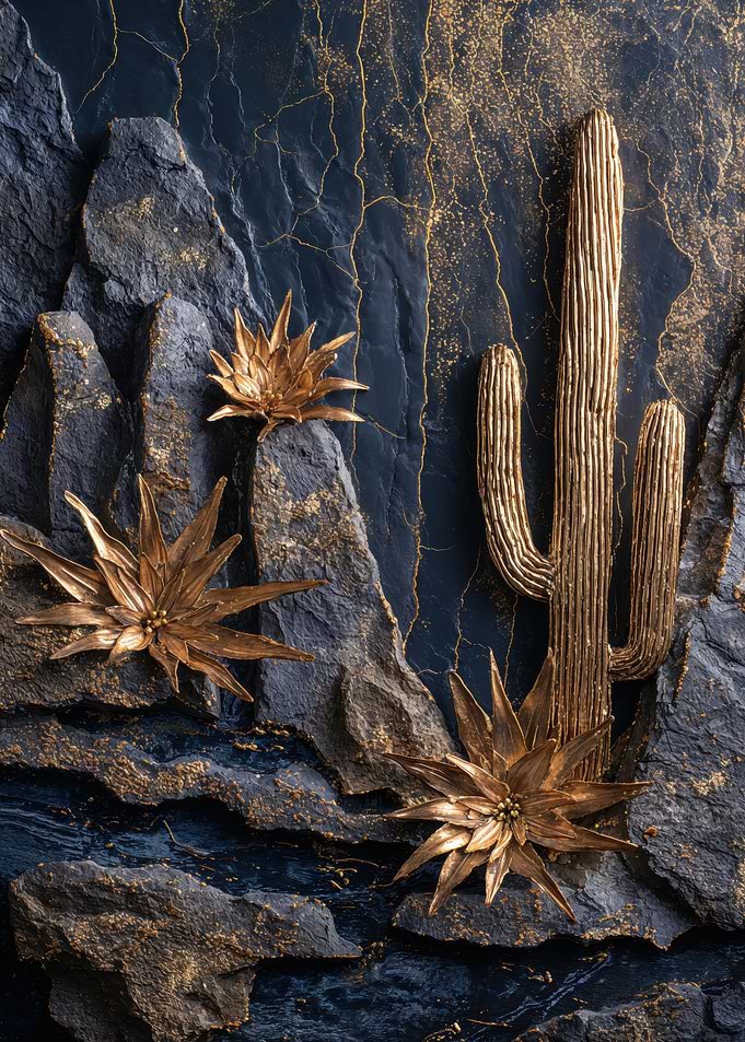 Golden Cactus Succulents Dark Stone