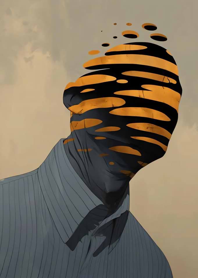 Man's Head Dissolving into Abstract Shapes