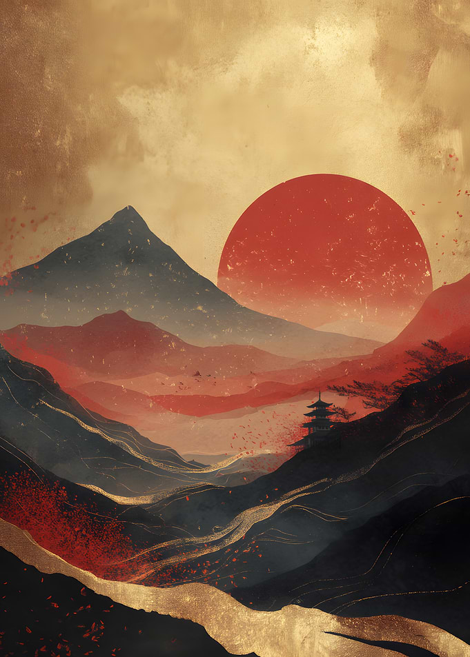 Japanese Mountain Landscape with Red Sun